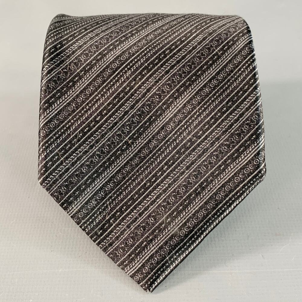BRIONI One Size Black Grey Diagonal Stripe Silk Satin Tie